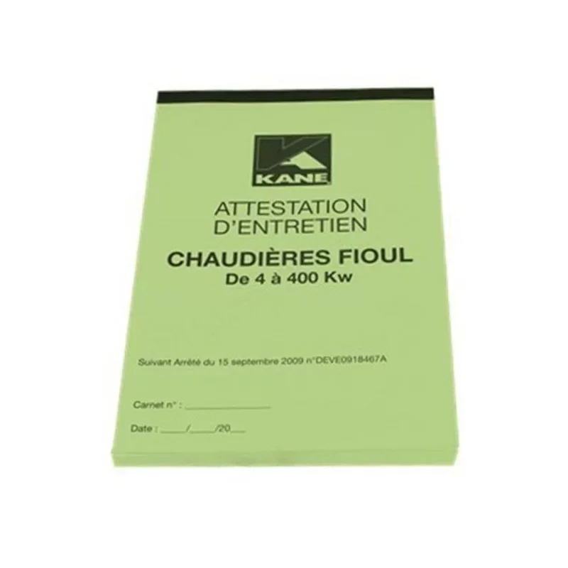 Kane - Carnet d‘Attestation chaudières Fioul 4-400KW Expédition Rapide