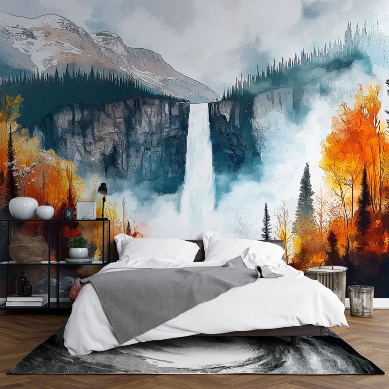 Papier peint cascade Paysage automnal avec chute d‘eau majestueuse Satisfait Ou Remboursé