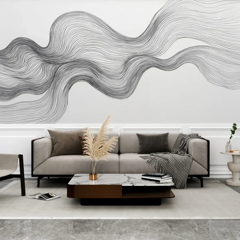 Offre Spéciale Papier peint lignes ondulées Motif abstrait en noir et blanc de lignes fluides