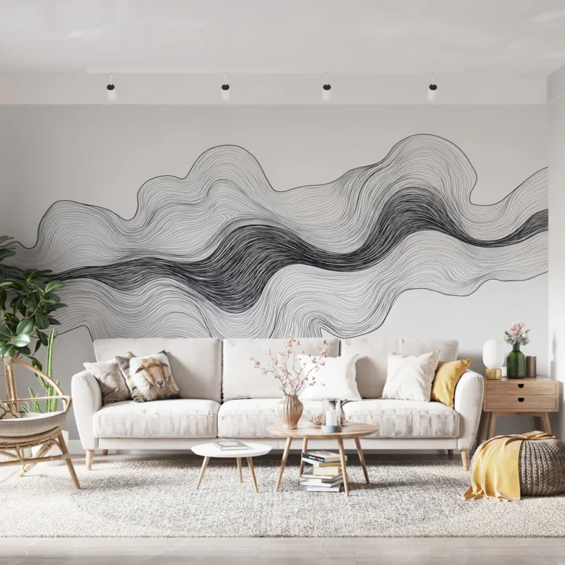 Papier peint lignes fluides Motif abstrait en noir et blanc aux contours ondulés Offre Spéciale