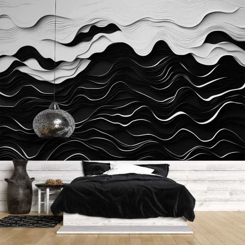 Papier peint abstrait Motif ondulant en noir et blanc Usine Directe