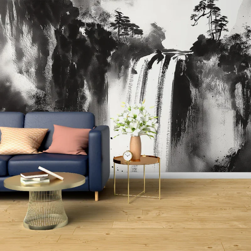 Commande En Gros Papier peint chute d‘eau Illustration en noir et blanc d‘une cascade surplombée par des arbres