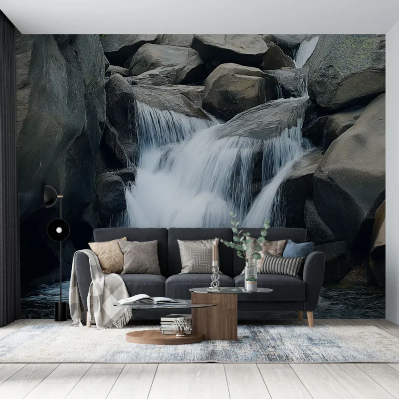 Papier peint cascade d‘eau Un paysage apaisant de gouttes et de rochers Expédié Aujourd'hui