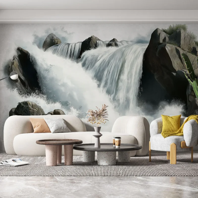 Papier peint chute d‘eau Cascades tumultueuses sur des rochers majestueux Super Prix