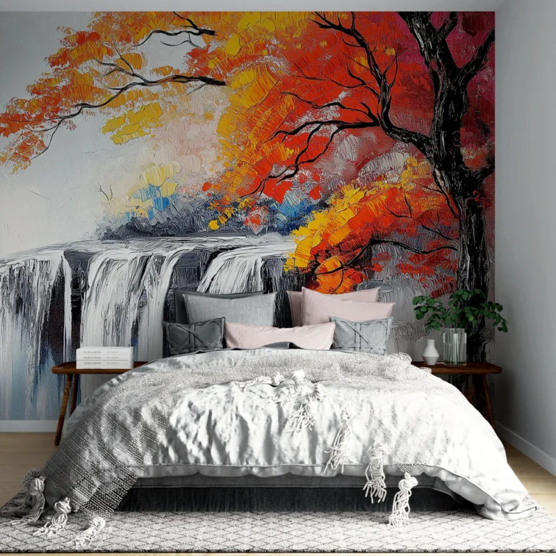 Papier peint cascade Cascade majestueuse entourée d‘arbres aux feuillages flamboyants Haute Qualité