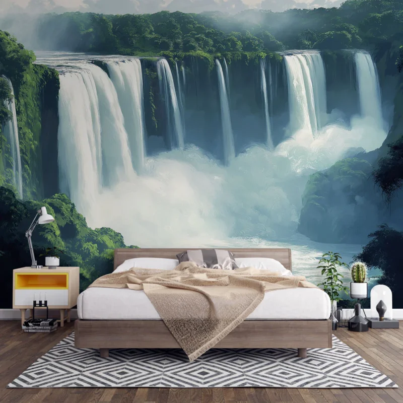 Papier peint cascade Cascade majestueuse entourée de végétation luxuriante Petit Prix