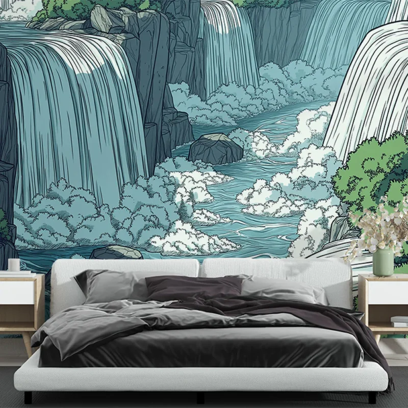 Papier peint cascade Illustration d‘une cascade entourée de verdure vibrante Offre Limitée