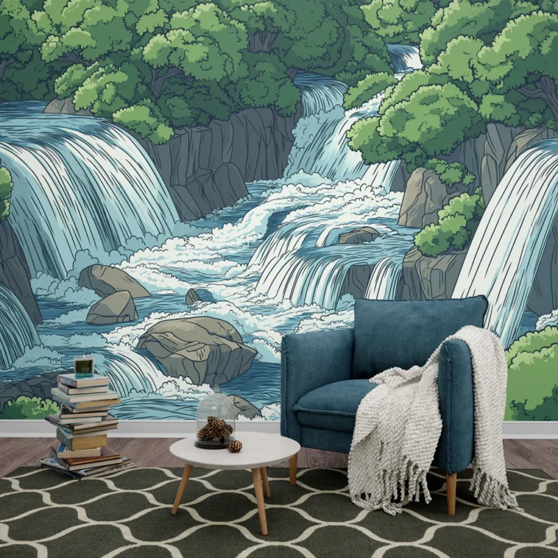 Papier peint cascade Un paysage apaisant de chutes d‘eau et de verdure Top Vente