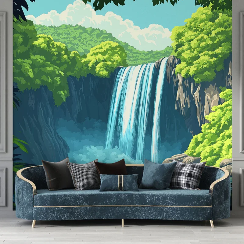 Papier peint chute d‘eau Un paysage tropical avec cascade et végétation luxuriante Expédié Aujourd'hui