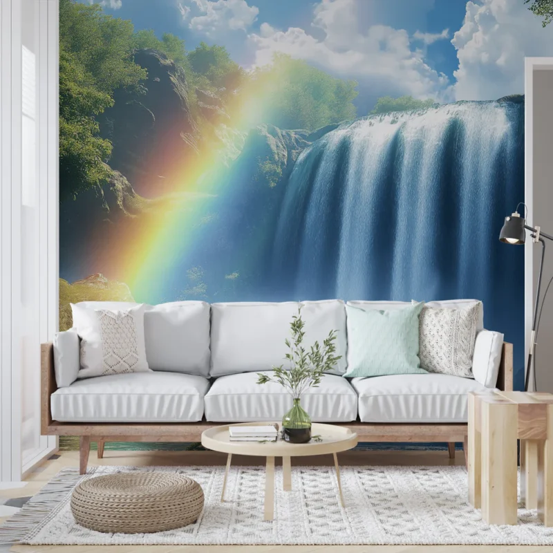 Papier peint cascade Une magnifique cascade avec arc-en-ciel et verdure luxuriante Dernier Modèle