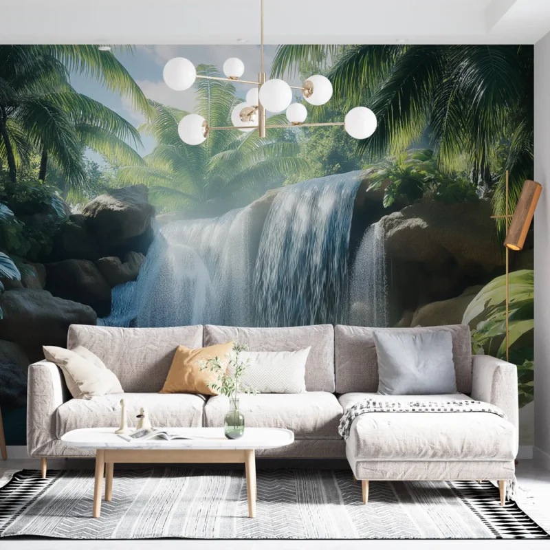 Papier peint cascade tropicale Paysage luxuriant avec cascade et jungle verdoyante Offre Spéciale