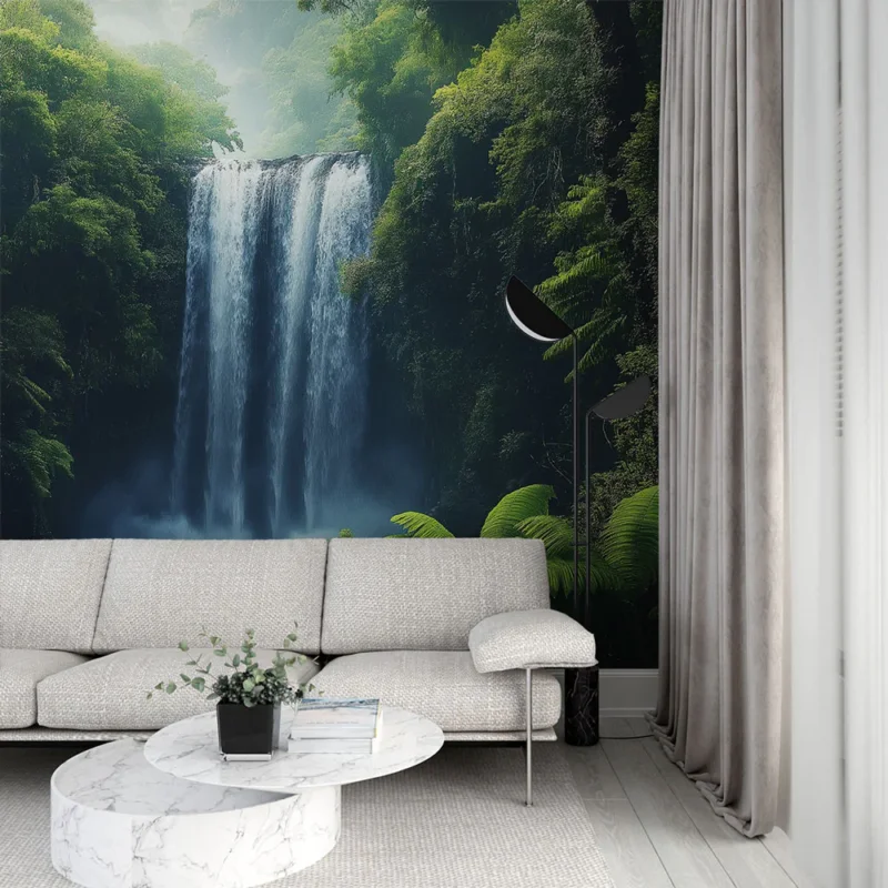 Papier peint cascade Paysage luxuriant avec chute d‘eau majestueuse Expédition Rapide
