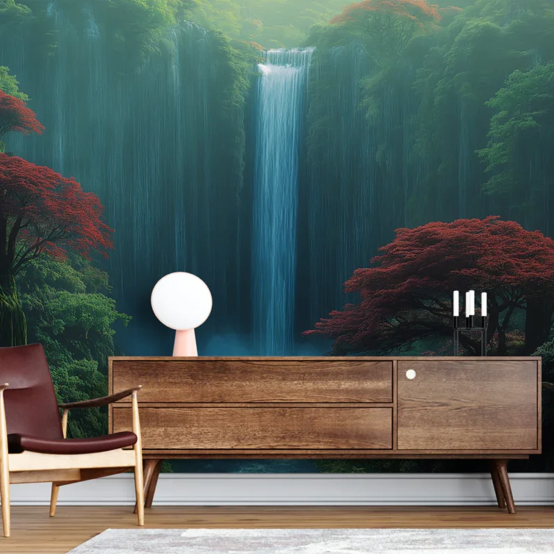 Acheter Direct Papier peint chute d‘eau Cascade majestueuse entourée d‘arbres rouges et verdoyants