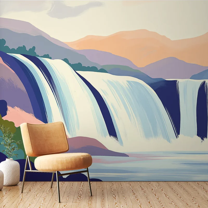 Papier peint cascade Paysage stylisé de cascades avec montagnes en arrière-plan Commande En Gros