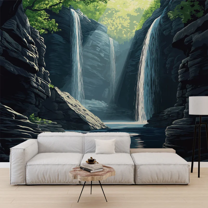 Offre Spéciale Papier peint cascade Paysage apaisant avec chutes d‘eau et roche sombre