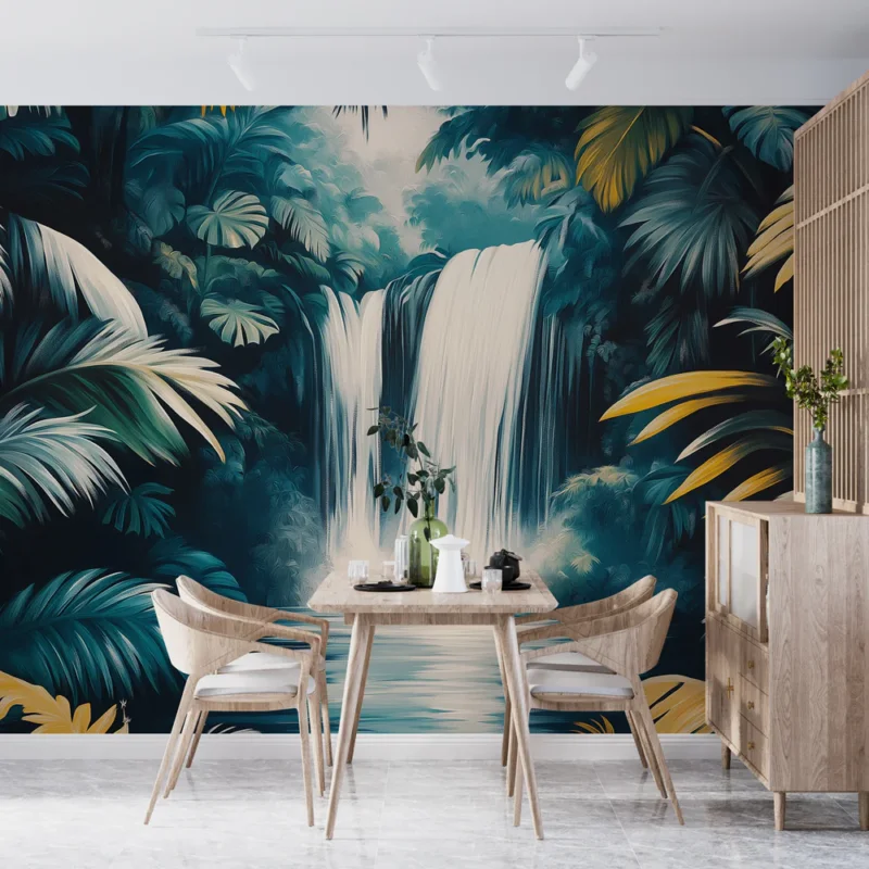 Papier peint cascade tropicale Une scène apaisante de nature luxuriante avec une cascade et des palmiers Nouveauté