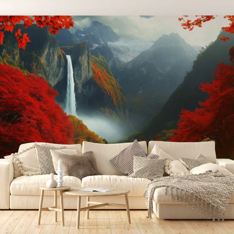 Papier peint cascade d‘automne Paysage majestueux avec chute d‘eau entourée de feuillage rouge Commander Maintenant