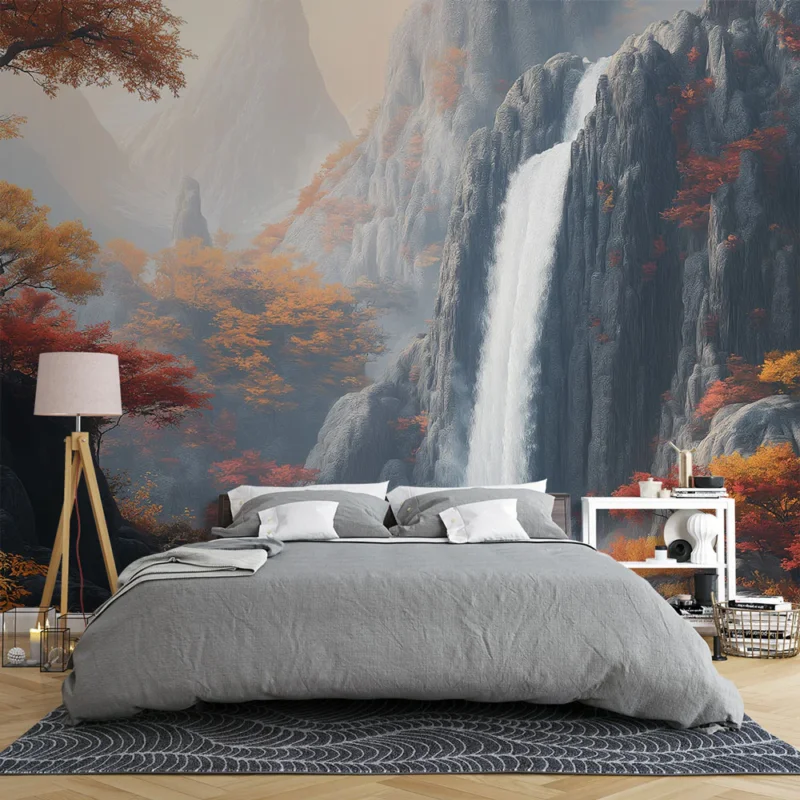 Offre Spéciale Papier peint cascade Paysage automnal avec chute d‘eau et paysage montagneux