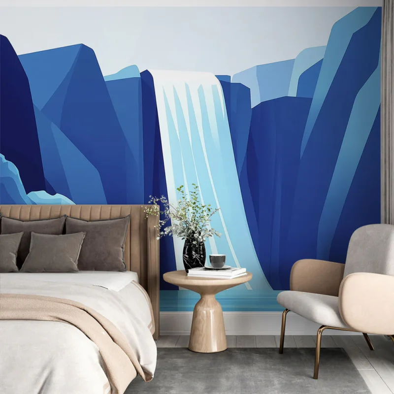 Bon Plan Papier peint cascade Paysage de chute d‘eau stylisé en nuances de bleu