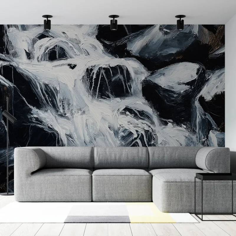 Papier peint cascade Détails en noir et blanc d‘un cours d‘eau tumultueux Offre Limitée