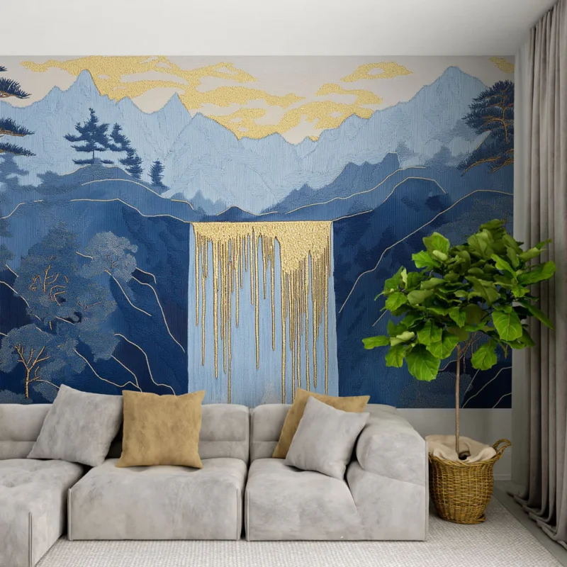 Papier peint cascade Élégante illustration de chute d‘eau avec motifs montagneux Haute Qualité