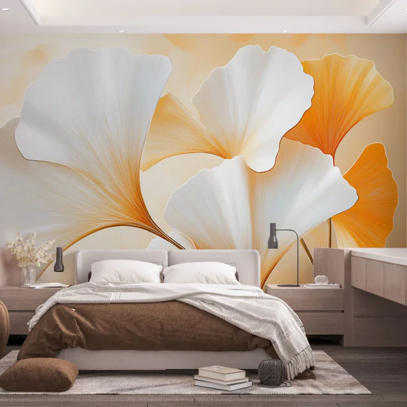 Haute Qualité Papier peint ginkgo Feuilles de ginkgo blanches et oranges sur fond doux