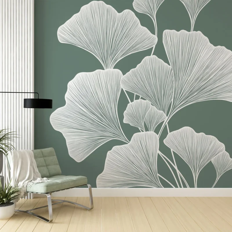 Papier peint ginkgo Design élégant et botanique en blanc sur fond vert Prix Bas