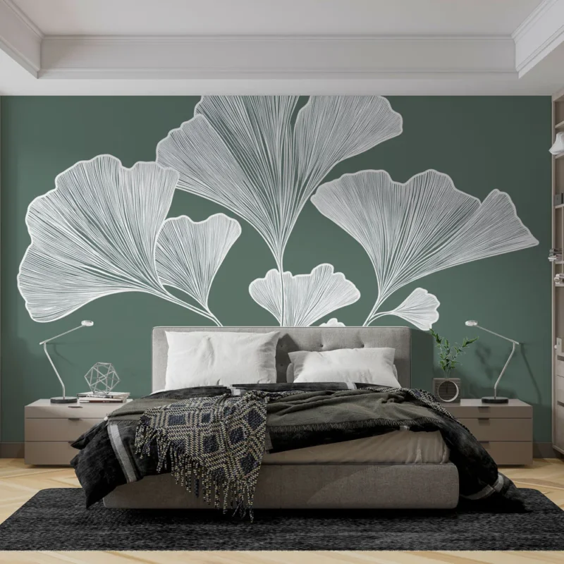 Nouveauté Papier peint ginkgo Élégants motifs de feuilles de ginkgo sur fond vert