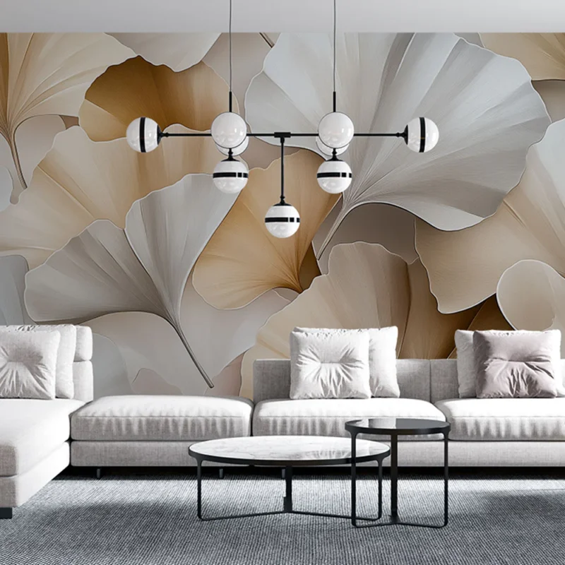 Papier peint ginkgo Feuilles de ginkgo stylisées dans des tons doux et neutres Achat Immédiat