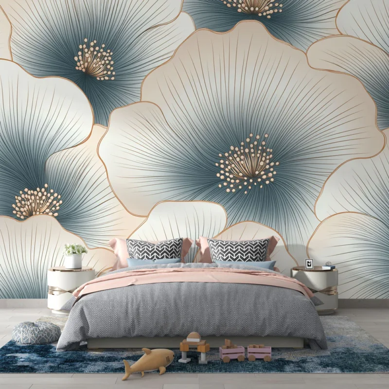 Papier peint floral Magnifiques fleurs blanches et bleues avec détails dorés Must-Have
