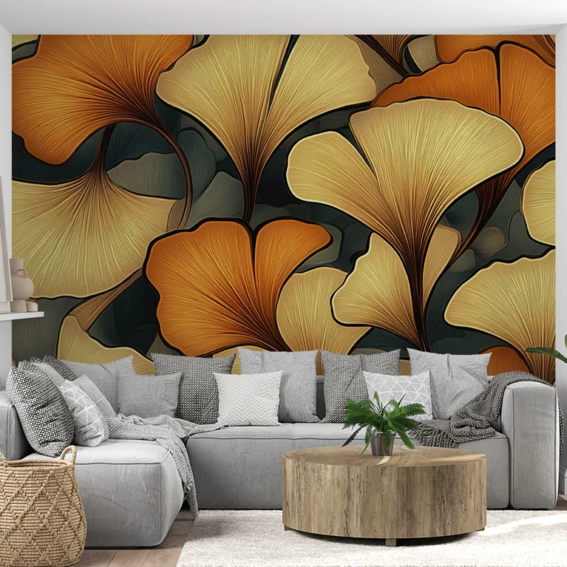Bon Plan Papier peint ginkgo Motif élégant de feuilles ginkgo en or et orange