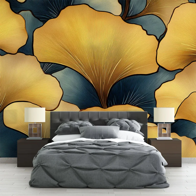 Papier peint ginkgo Motif doré de feuilles de ginkgo sur fond bleu Acheter Direct