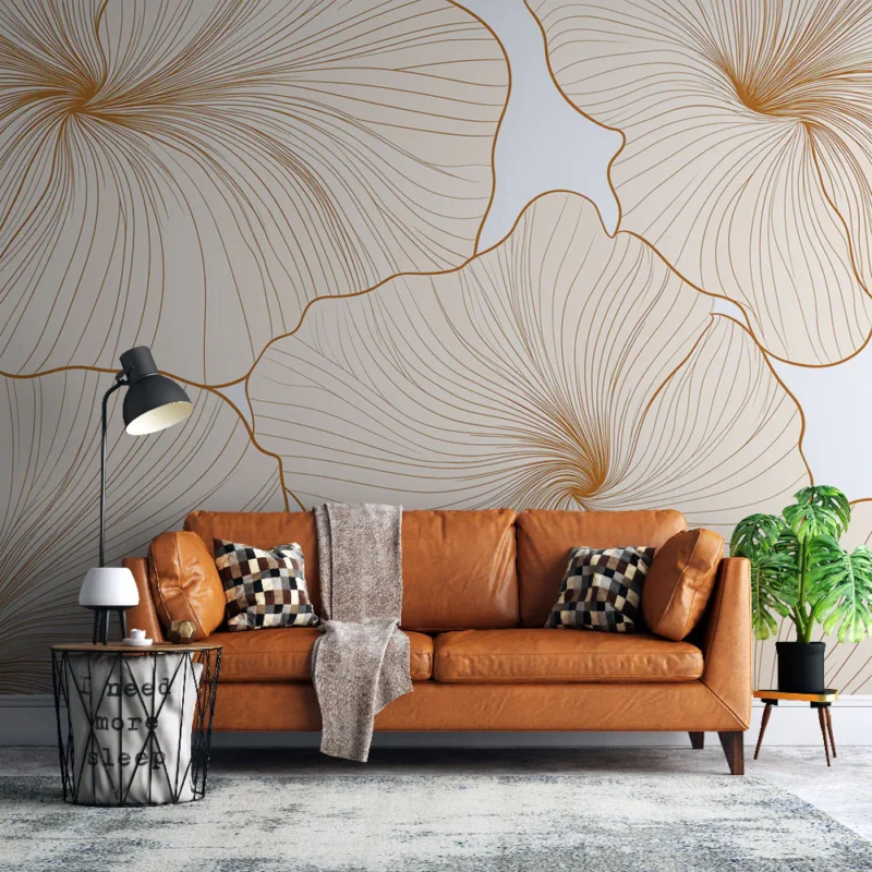 Papier peint floral délicat Motifs de fleurs aux lignes dorées sur fond clair Prix Choc