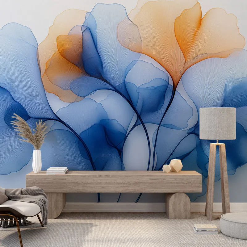 Achat Immédiat Papier peint feuilles éthérées Motif floral délicat en dégradé de bleu et orange