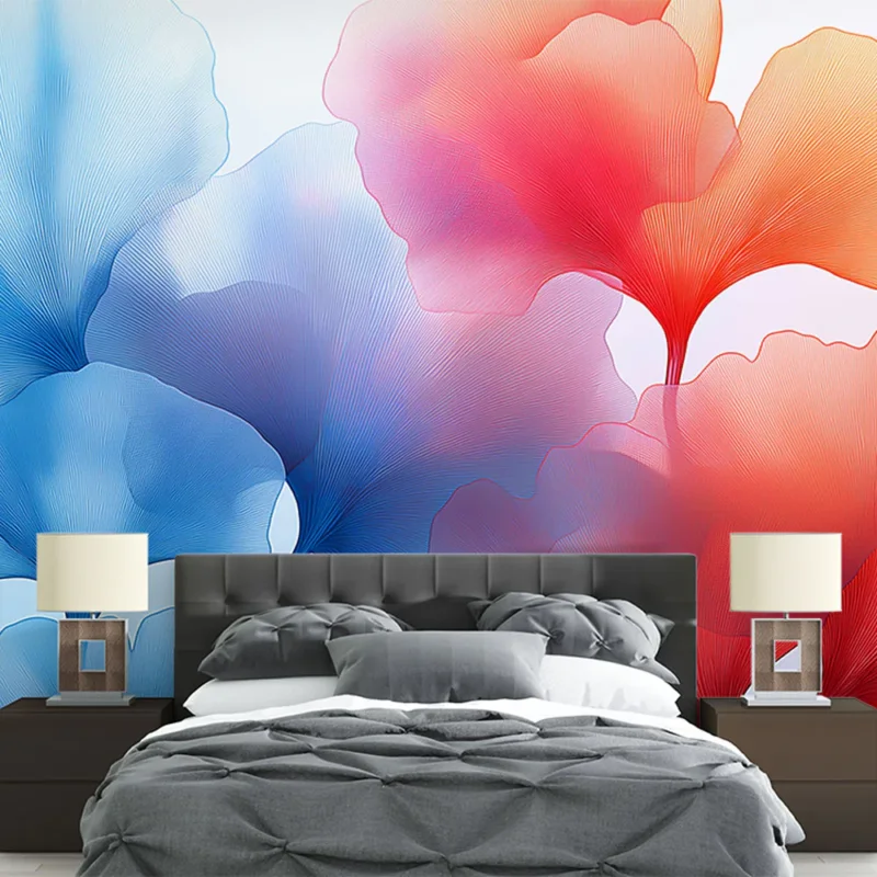 Haute Qualité Papier peint ginkgo Motif abstrait de feuilles ginkgo en dégradé de bleu et rouge