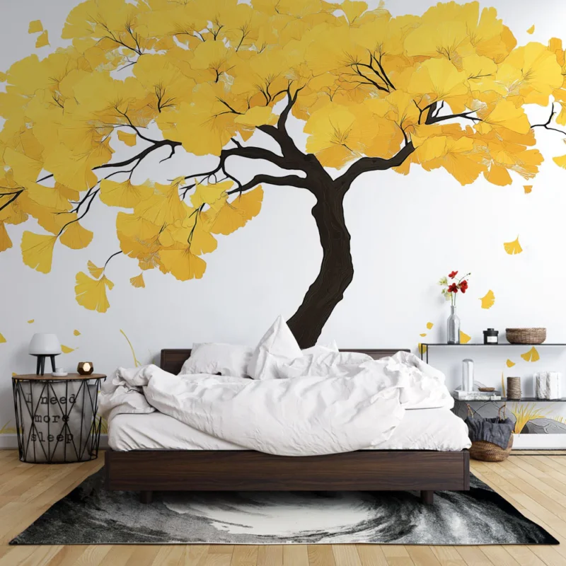 Papier peint arbre doré Arbre aux feuilles jaunes avec des pierres et de l‘herbe Marque