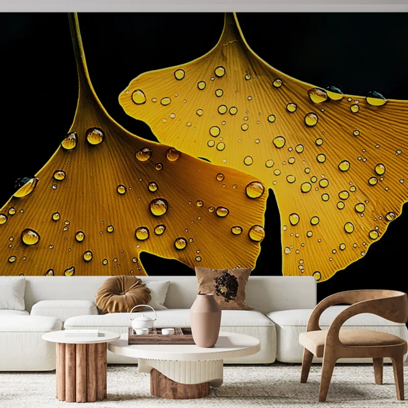 Papier peint ginkgo Feuilles de ginkgo jaune avec gouttes d‘eau Offre Limitée