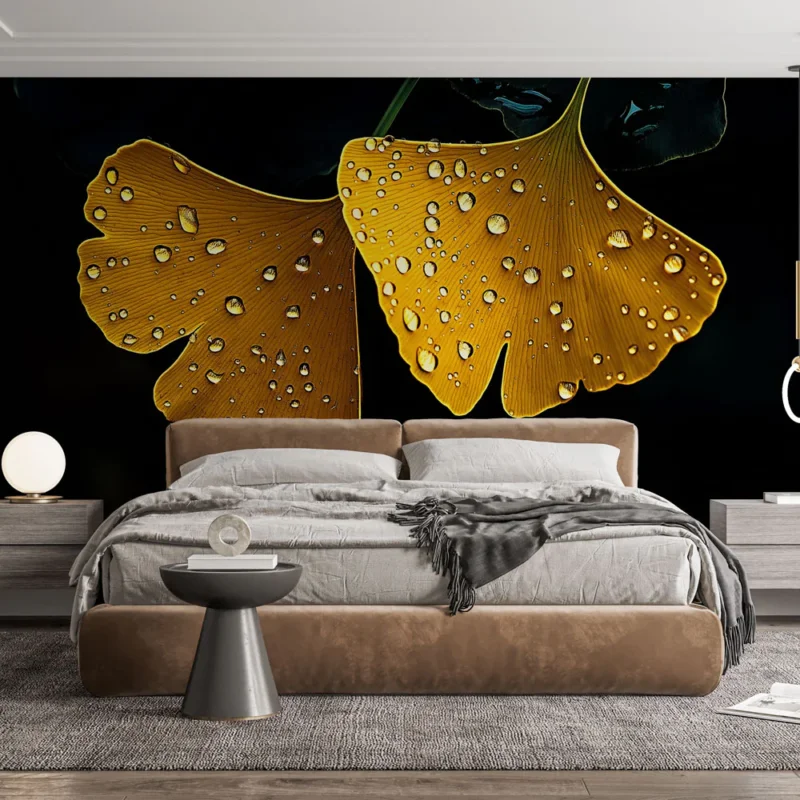 Papier peint ginkgo Deux feuilles de ginkgo jaune avec gouttes d‘eau Petit Prix