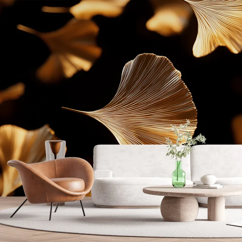 Papier peint feuilles dorées Élégance des motifs de ginkgo en or sur fond noir Prix Réduit
