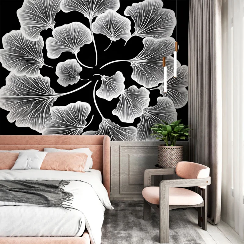 Offre Limitée Papier peint ginkgo Motif délicat de feuilles de ginkgo sur fond noir