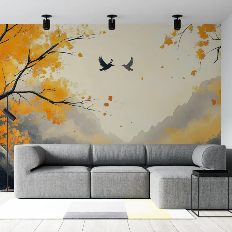 Livraison Express Papier peint automnal Scène paisible avec feuillage doré et oiseaux en vol