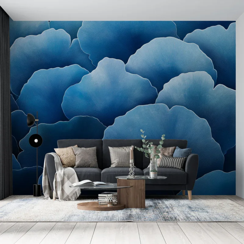 Papier peint bleu marine Motif de feuilles stylisées en nuances de bleu Achetez Aujourd'hui