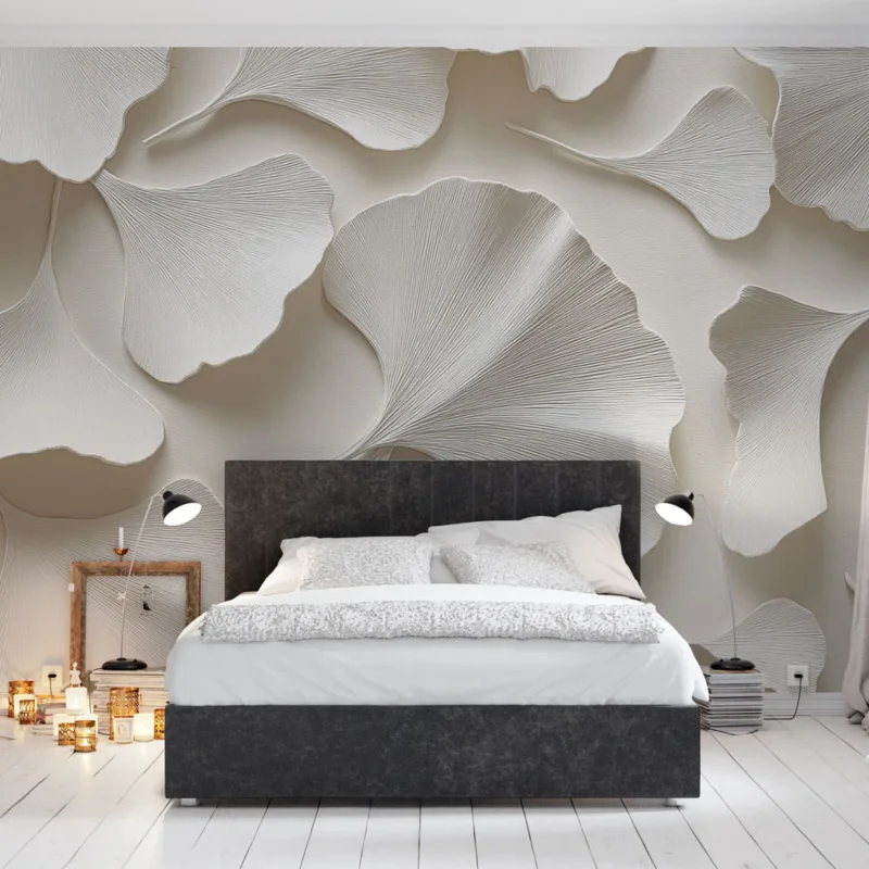 Papier peint ginkgo Décor en relief de feuilles de ginkgo blanches Vente Flash