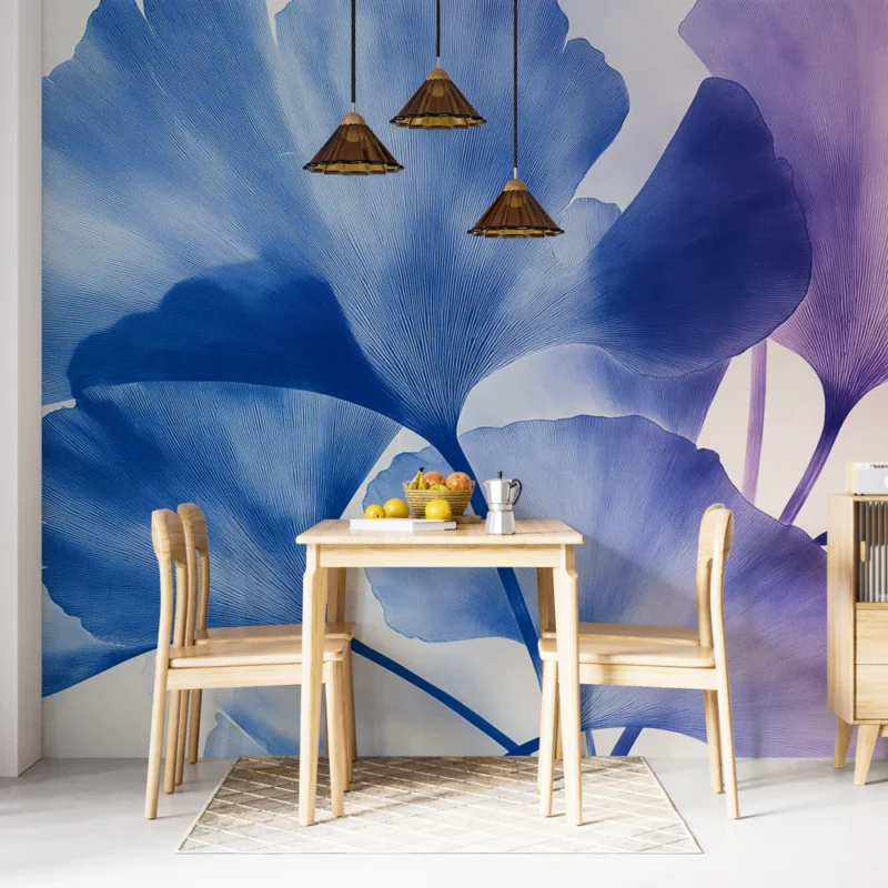 Papier peint feuilles Motif délicat de ginkgos en dégradés de bleu et rose Nouvel Arrivage