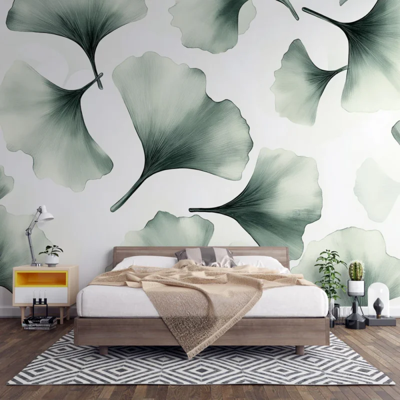 Papier peint ginkgo Feuilles de ginkgo délicates dans des tons verts apaisants Achat Immédiat
