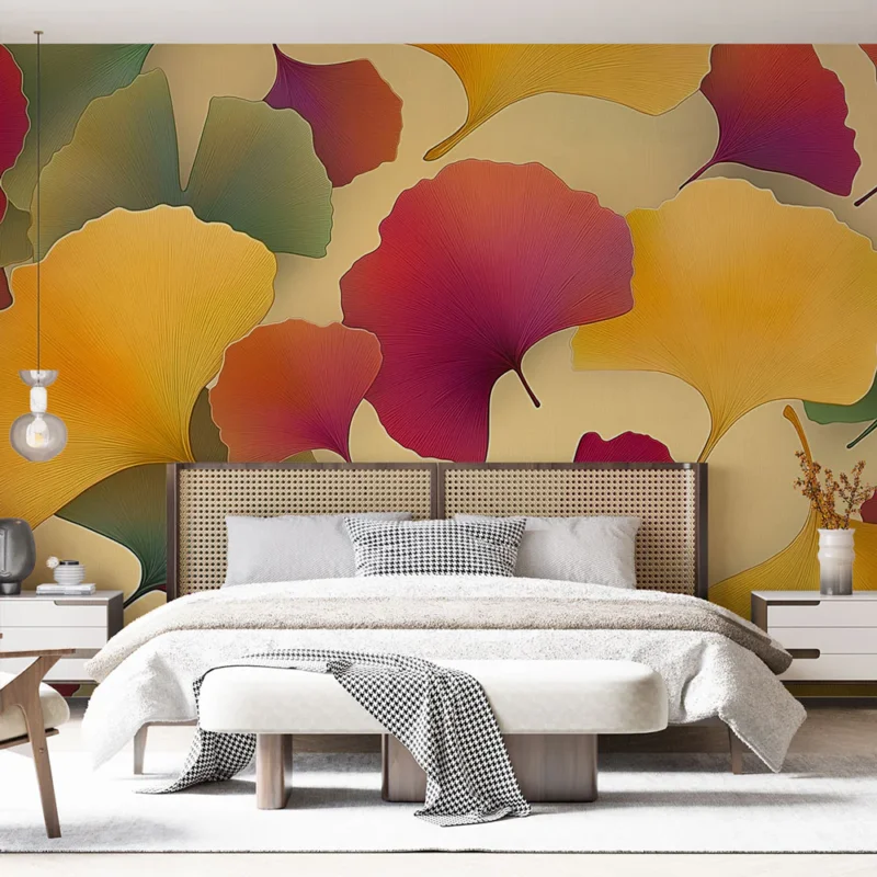 Commande En Gros Papier peint feuilles d‘automne Motif coloré de feuilles Ginkgo sur fond doux