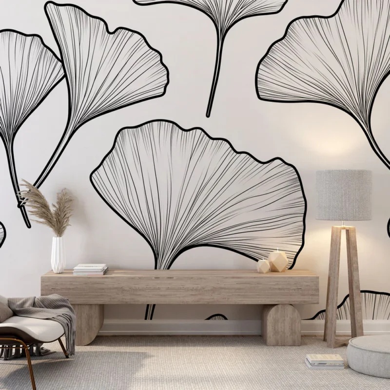 Papier peint ginkgo Motif de feuilles de ginkgo en noir et blanc Paiement Sécurisé
