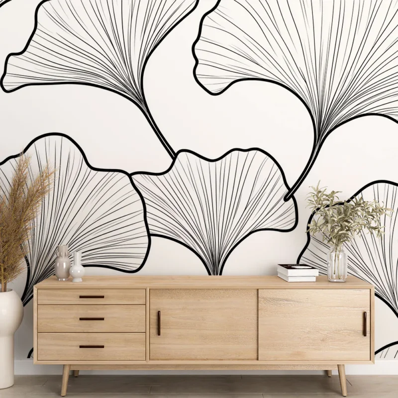 Nouvel Arrivage Papier peint gingko Motif élégant de feuilles de gingko en noir et blanc