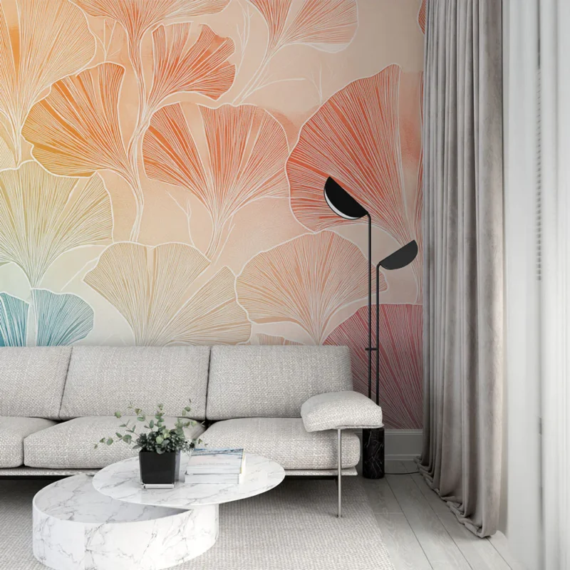Papier peint ginkgo Motif artistique de feuilles de ginkgo dans des dégradés doux Usine Directe