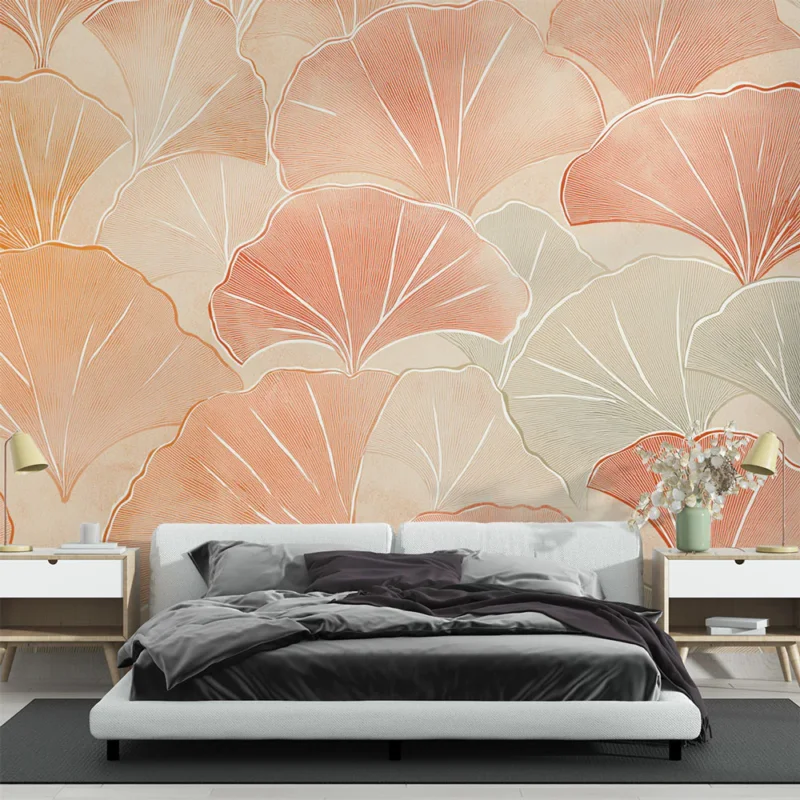 Papier peint ginkgo Motif élégant de feuilles de ginkgo aux teintes chaudes Nouveauté